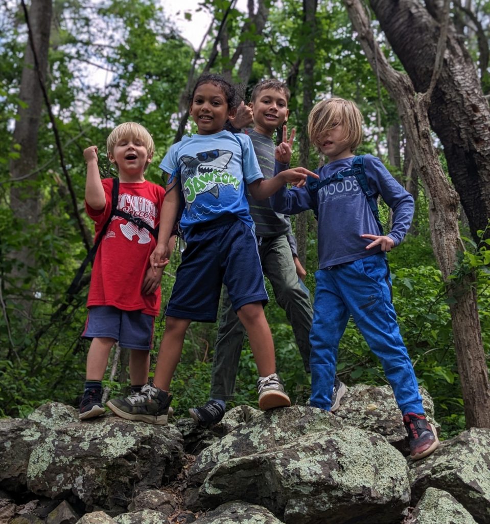 Boys standing on the green stones pile on Fox Hollow Trail