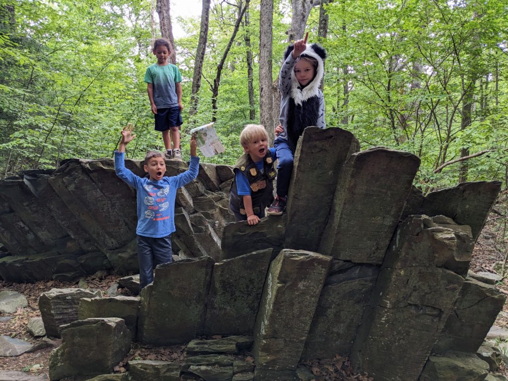 Kids standing on rock outcropping on Limberlost trail